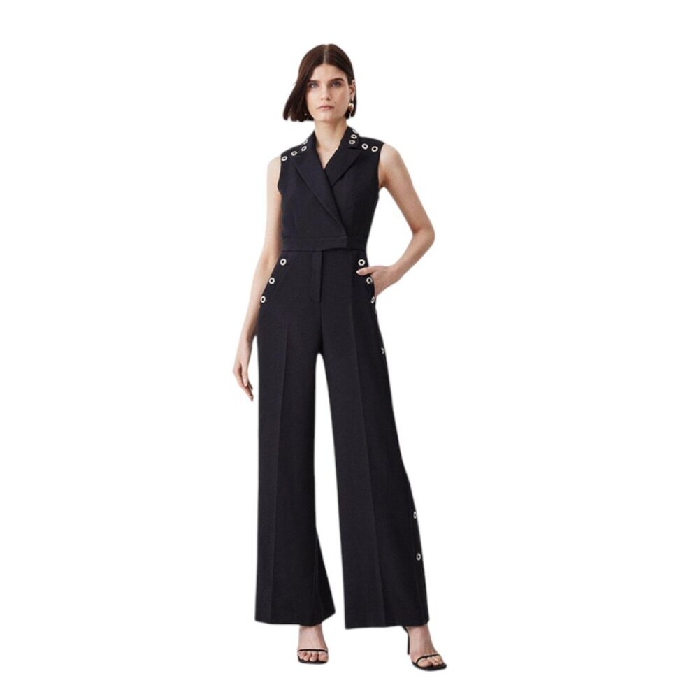 Karen Millen Jumpsuit Women's 6 Black Sleeveless Wide Leg Grommet Detail Chic